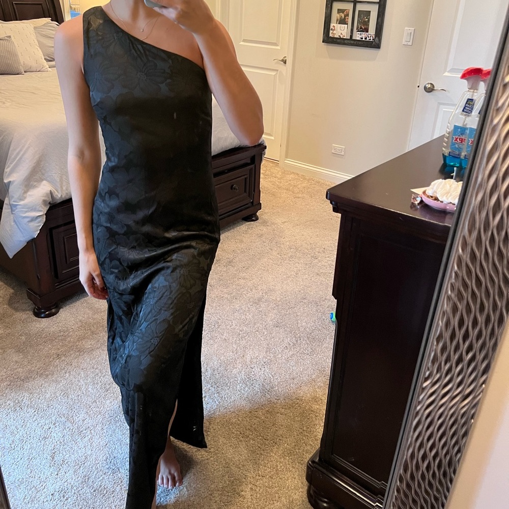 Black long dress with floral pattern throughout, from Lulu’s